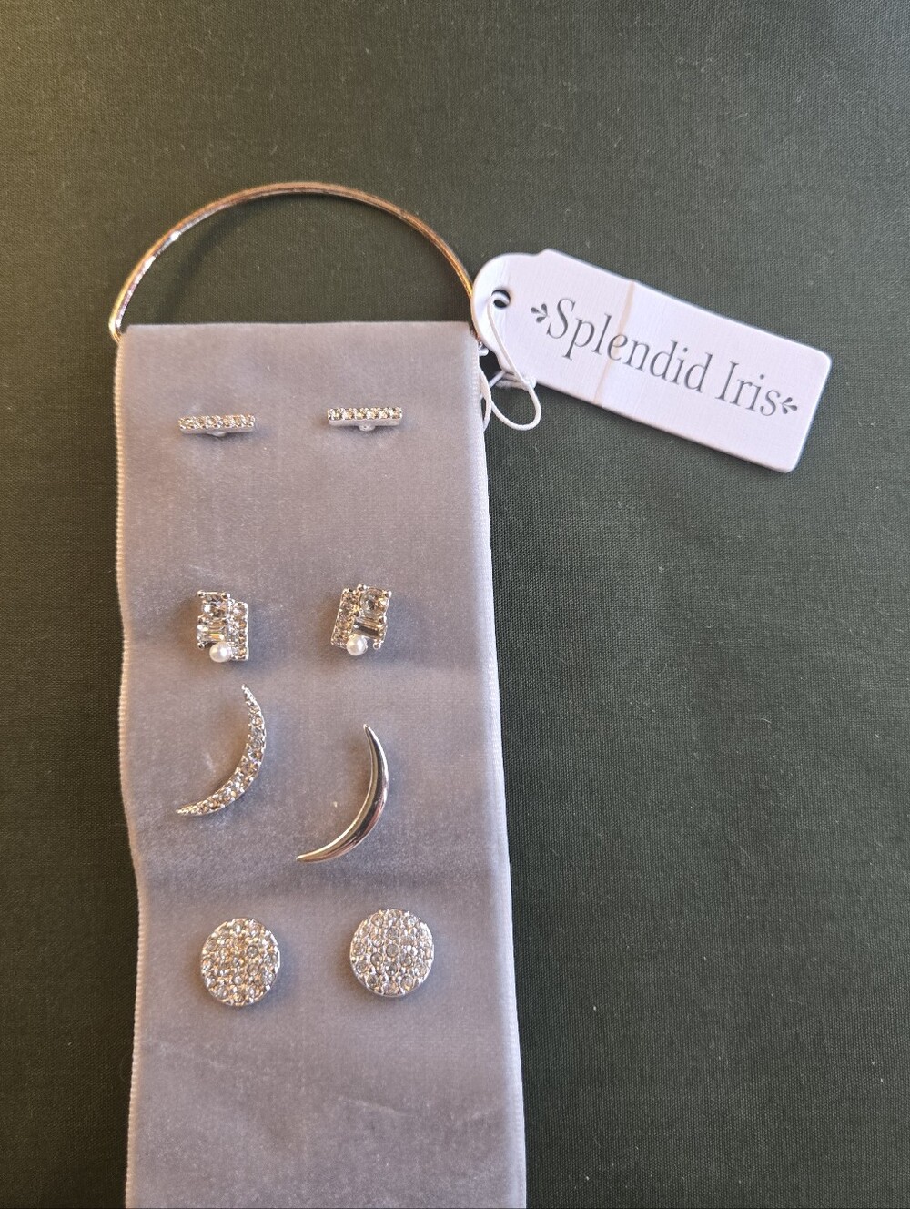 Splendid Iris Silver Crystal Stud and Crescent Earring Set